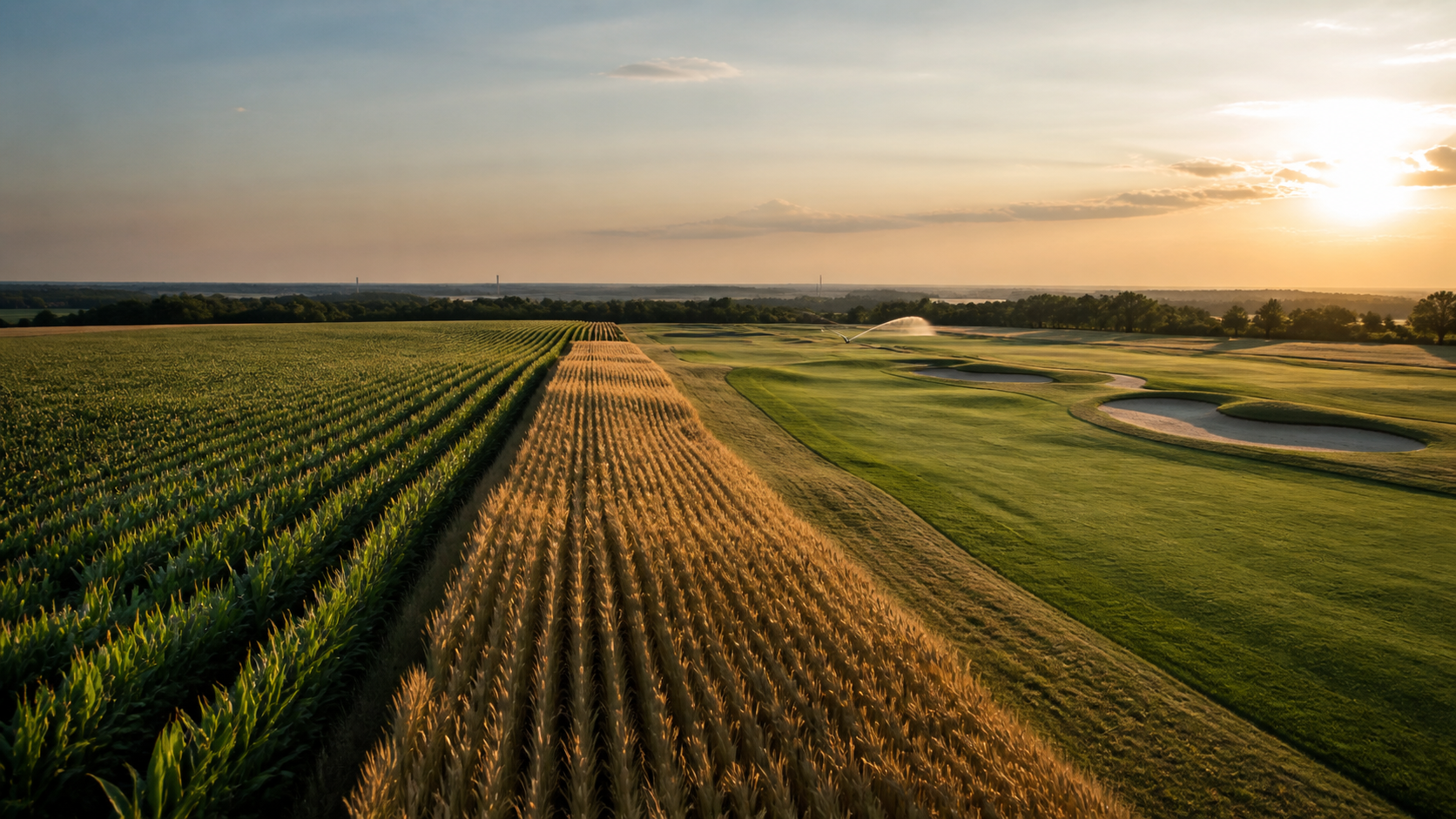 Cultivated crop rows meeting a golf fairway at sunrise